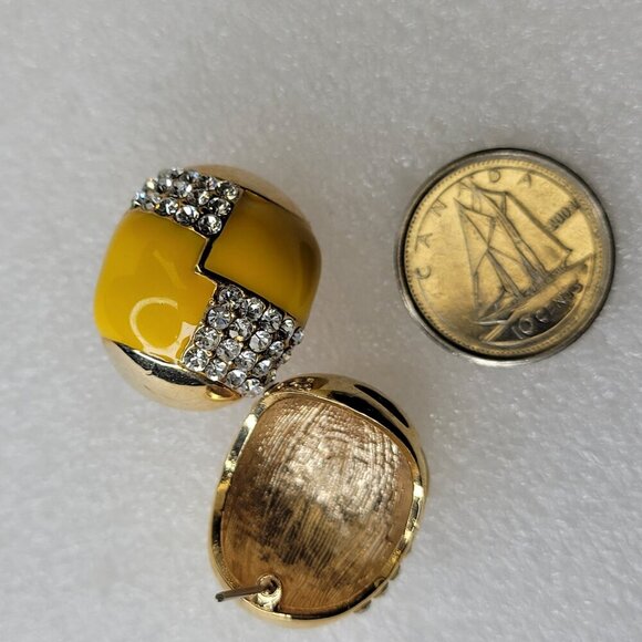 Yellow And Gold Oval  Earrings with Clear Crystals Small Yellow Earrings - Picture 6 of 8